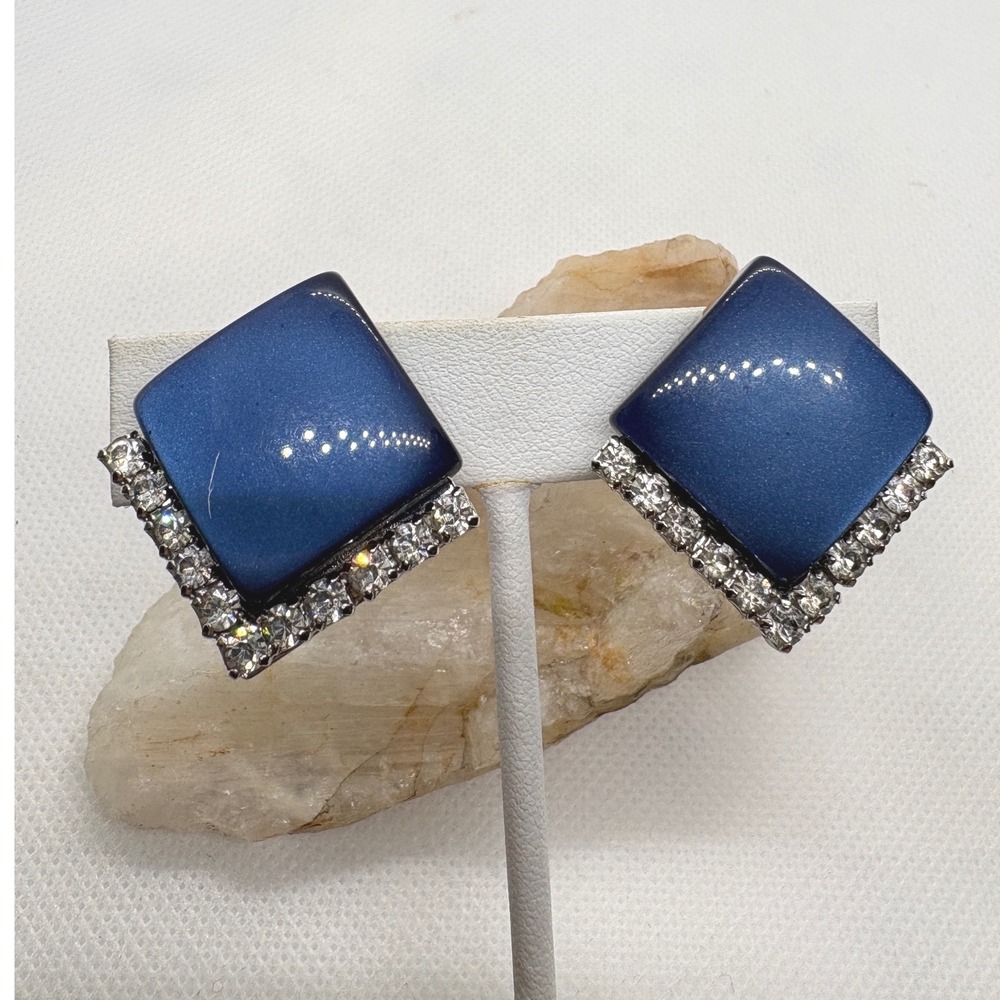 Vintage Coro Blue Cabochon Rhinestone Square Clip‎ On Earrings Silver Tone